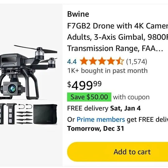 Black quadcopter drone with 4K camera and 3-axis gimbal