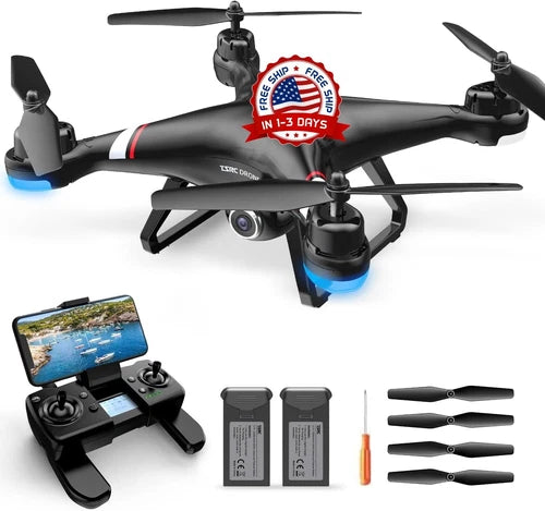 GPS quadcopter drone with HD camera, remote controller and spare batteries