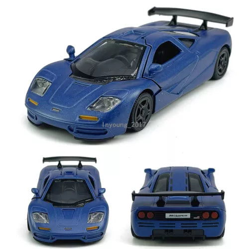Blue McLaren F1 diecast pull-back toy car model, front view with hood and headlights.