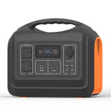 Portable power station with LCD display, AC outlets, and orange side panel, dark gray