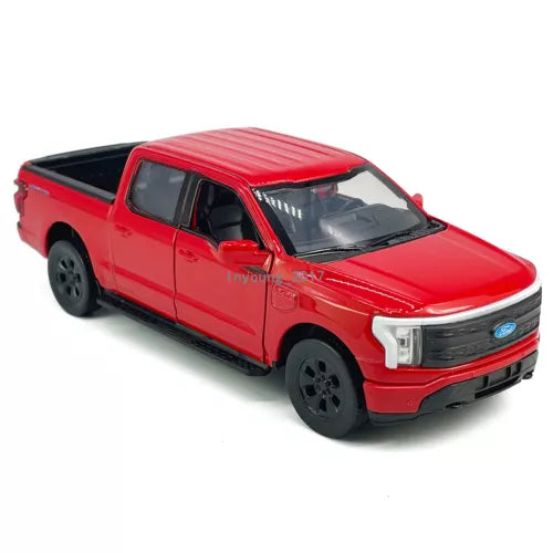 Red 1:36 diecast Ford F-150 Lightning pickup toy car with lights and sound.