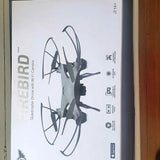 Quadcopter drone with four propellers on product box packaging