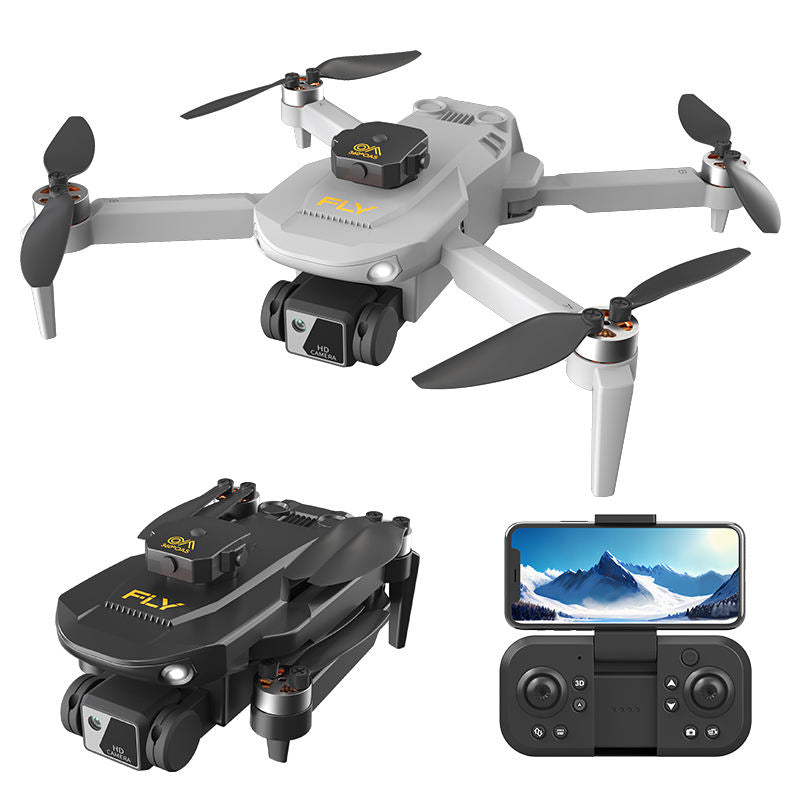 Mini quadcopter RC drone with four propellers, camera module, and handheld controller with screen