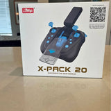 Mini drone controller box, dark controller with blue joysticks and display, X-BACK 20