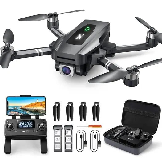 Foldable GPS 4K drone kit with controller, propellers, batteries, and carrying case