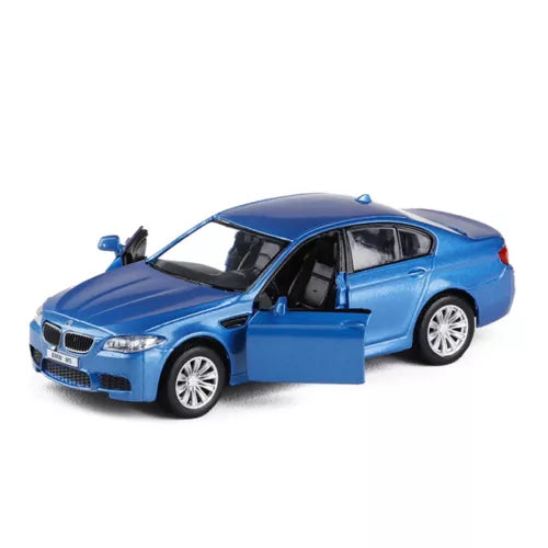 Blue diecast model car with driver door open, detailed wheels and windows