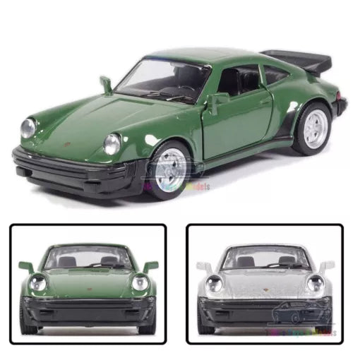 Green Porsche diecast model car toy with black hood and front bumper, 1:36 scale