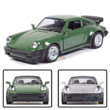 Green Porsche diecast model car toy with black hood and front bumper, 1:36 scale