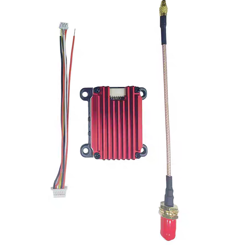 FPV wireless transmitter module with red heat sink, wired connectors, and antenna