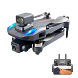 Gray quadcopter drone with 4K camera gimbal and glowing blue lights, plus handheld remote