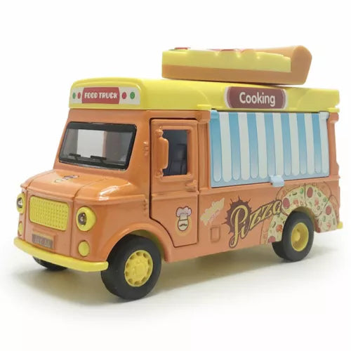 Pizza food truck diecast toy car with striped service window and roof light