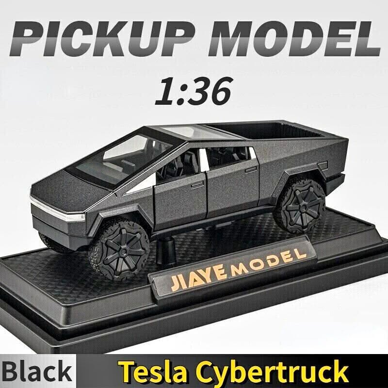 1:36 black diecast pickup model of Tesla Cybertruck, on display base