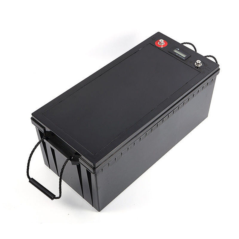 Black rectangular LiFePO4 battery pack with top panel and side terminal connector