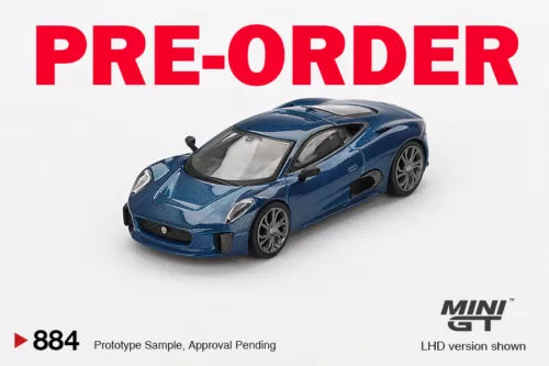 Mini GT Jaguar C-X75 blue diecast model car, front 3/4 view