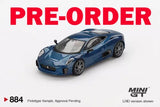 Mini GT Jaguar C-X75 blue diecast model car, front 3/4 view