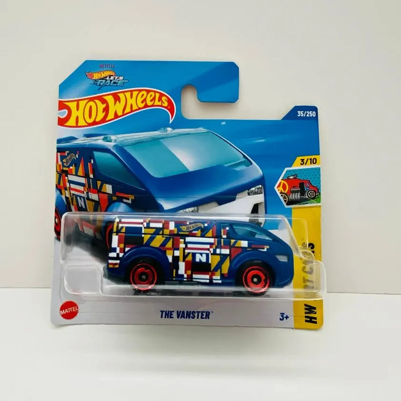 Blue die-cast van on Hot Wheels short card, The Vanster