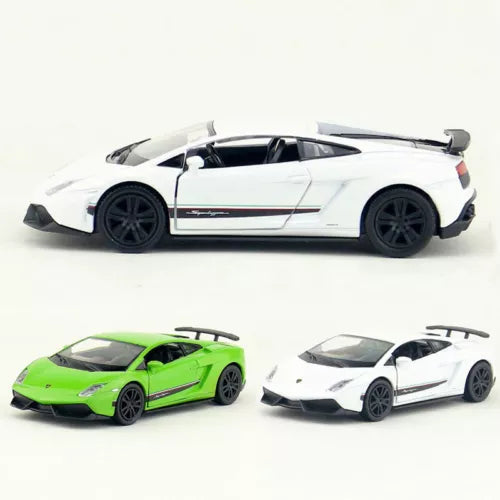 Diecast model car set (1:36), side view, white and green supercars