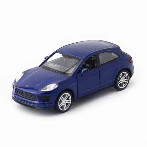 Porsche Macan S 1:36 diecast toy car, blue with front three-quarter view