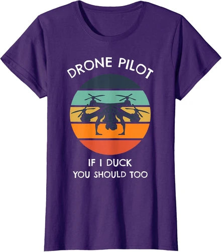 Purple crewneck T-shirt with 'DRONE PILOT' print and drone sunset graphic