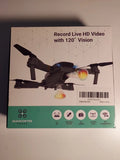 Quadcopter drone retail box with front view of black drone and feature icons