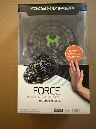 Hand-controlled hover drone retail box with green-and-black drone and SkyViper branding