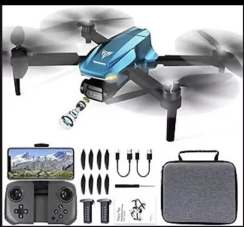 Quadcopter drone kit with 4-blade motors, controller, spare propellers, and case