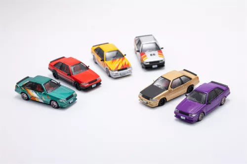 1:64 diecast model car set showing six colorful cars