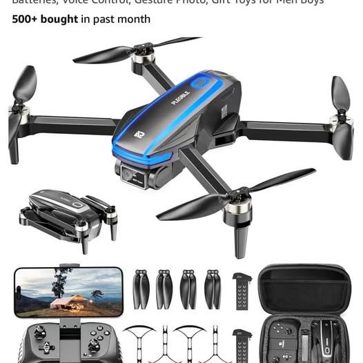 Foldable quadcopter drone with camera, blue accents, plus controller and carrying case