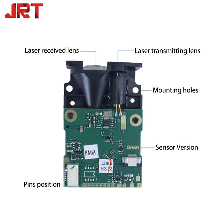 Laser distance measuring sensor module with PCB, black housing, and mounting holes