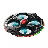 Circular quadcopter drone with four blue-lit propellers and central red light