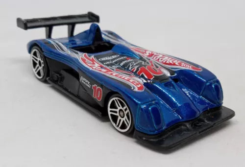 Hot Wheels blue and black die-cast race car with number 10, front 3/4 view