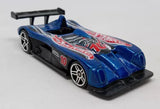 Hot Wheels blue and black die-cast race car with number 10, front 3/4 view