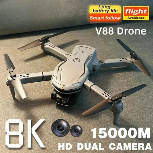 Light gray folding quadcopter drone with dual cameras and four extended propellers