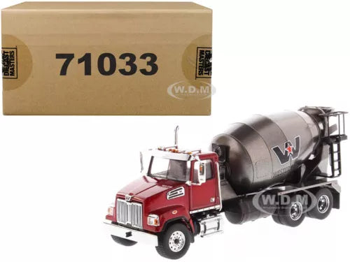 Red diecast concrete mixer truck with rotating grey drum, 1/50 scale