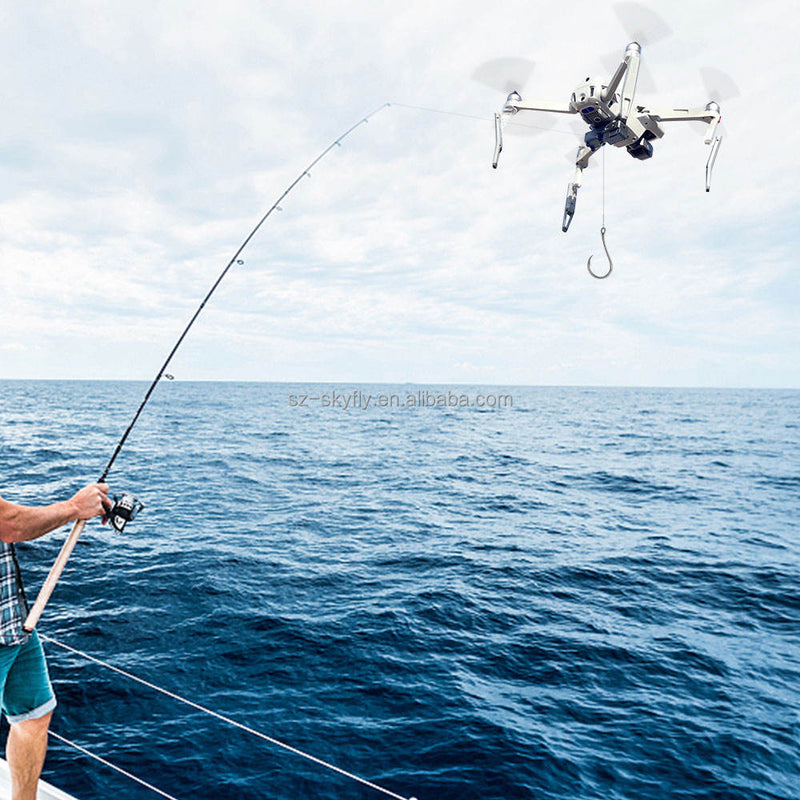 Drone bait delivery launcher with attached release mechanism and long rope line