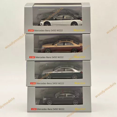 1:64 Mercedes-Benz S450 W222 diecast car models in retail boxes, four colors shown