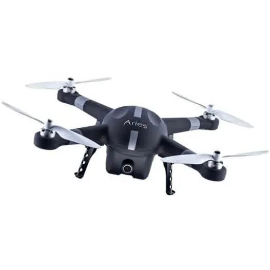 Black quadcopter drone with four rotors, front camera, and Aries logo