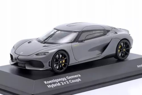 1:43 diecast model car, dark gray Koenigsegg Gemera Hybrid 2+2 Coupe, black wheels