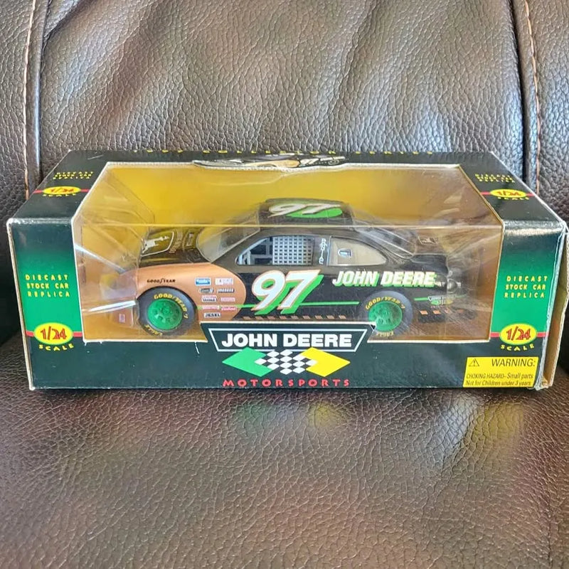 Diecast John Deere race car in retail box, green and yellow with number 97