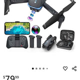 Foldable drone with controller, remote, battery and carrying case accessories