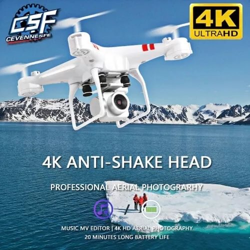 White quadcopter drone with front camera and anti-shake gimbal