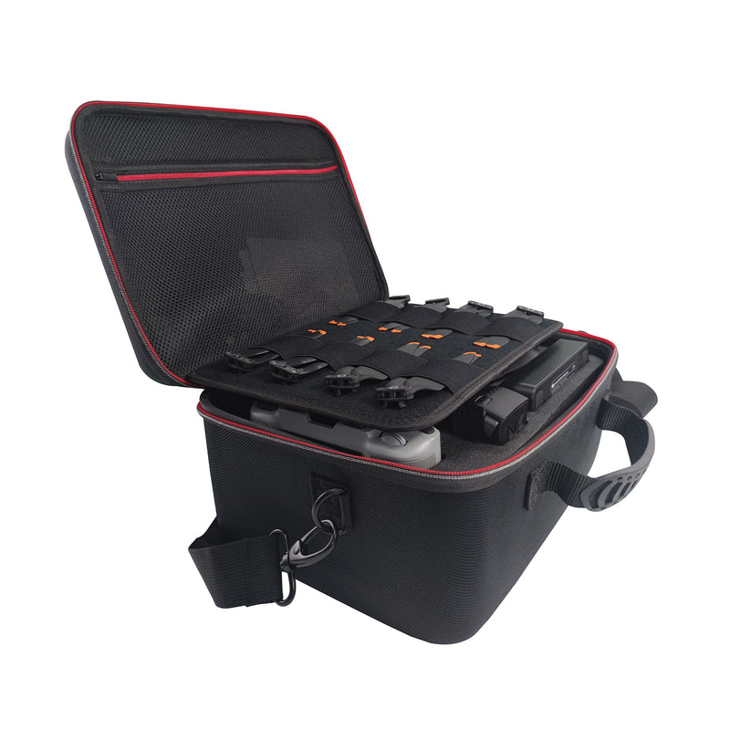 Hard-shell drone carrying case with foam compartments and shoulder strap, black/red trim