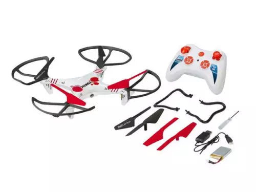 Mini quadcopter drone with red-and-white body, remote controller, and spare parts