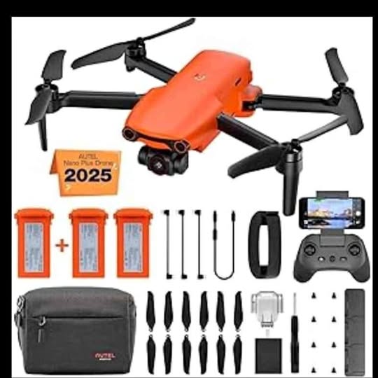 Autel drone kit with orange quadcopter, controller, phone mount, bag, and spare props