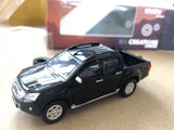Black pickup truck diecast model, front three-quarter view
