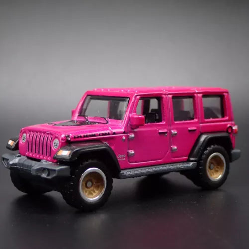 Pink 4-door Jeep Wrangler JL diecast SUV model car, 1:64 scale, open windows