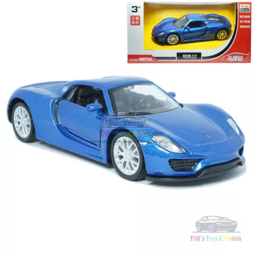 Blue diecast sports model car with driver door open and detailed wheels