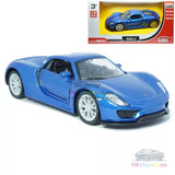 Blue diecast sports model car with driver door open and detailed wheels