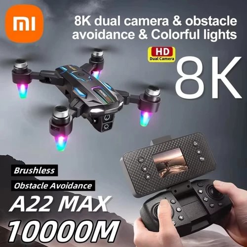 Quadcopter drone with 8K dual camera, LED lights, and remote controller handset