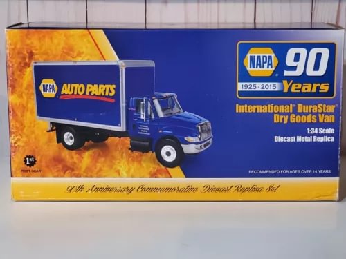 NAPA 90 Years delivery van diecast model in display box, blue truck with Auto Parts logo